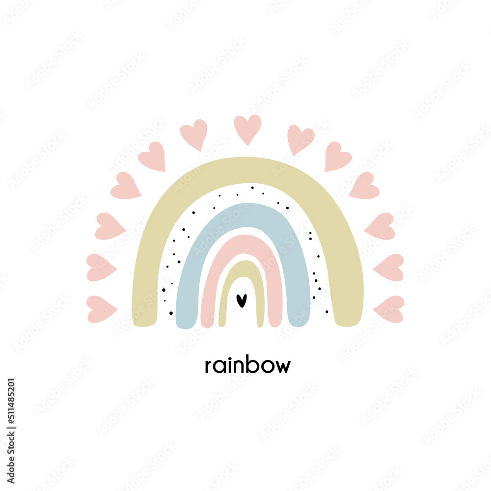 Fototapeta premium Rainbow. Hand drawn vector. Postcard design. Print for clothes, printing on fabric, gift wrapping, wallpaper. Cute design. Case print. Kids poster.
