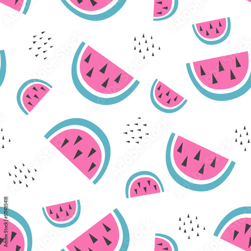Vector hand drawn seamless pattern with watermelons and pits in doodle style. Juicy wallpaper with fruits on a white background. Print for clothes, textiles, gift wrapping, paper.