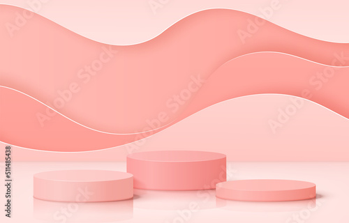 Vector group of pink peach, soft orange podium with pastel wavy layer paper art backdrop for product display