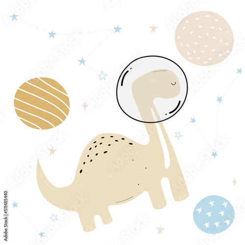 Vector hand-drawn dinosaurs in space. Cute dinosaur posters. Children's posters on the wall. Space dinosaurs. Cute colored child's drawing.