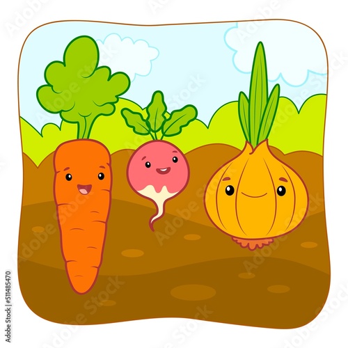 Cute Vegetables cartoon. Vegetables clipart vector. Nature background