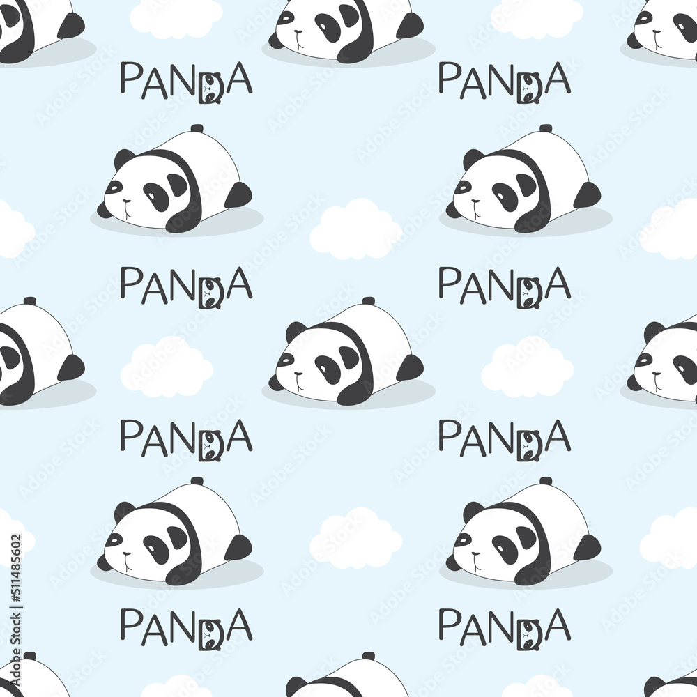 Obraz premium Vector. Hand-drawn pattern with pandas. The panda is lazy. Clouds in the background. Hand lettering panda.
