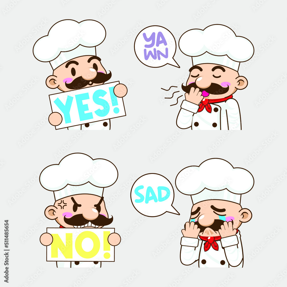 Obraz premium cute little chef sticker mascot vector illustration, chef vector set