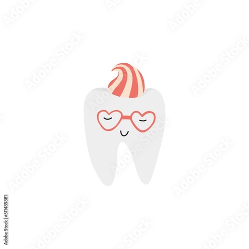 Funny Tooth with toothpaste doodle vector illustration. Isolated on white background