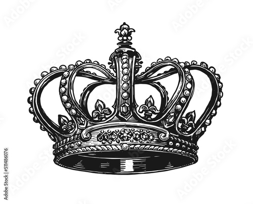 King Crown vector sketch. Hand drawn royal symbol of power drawn on white. Vintage engraved illustration