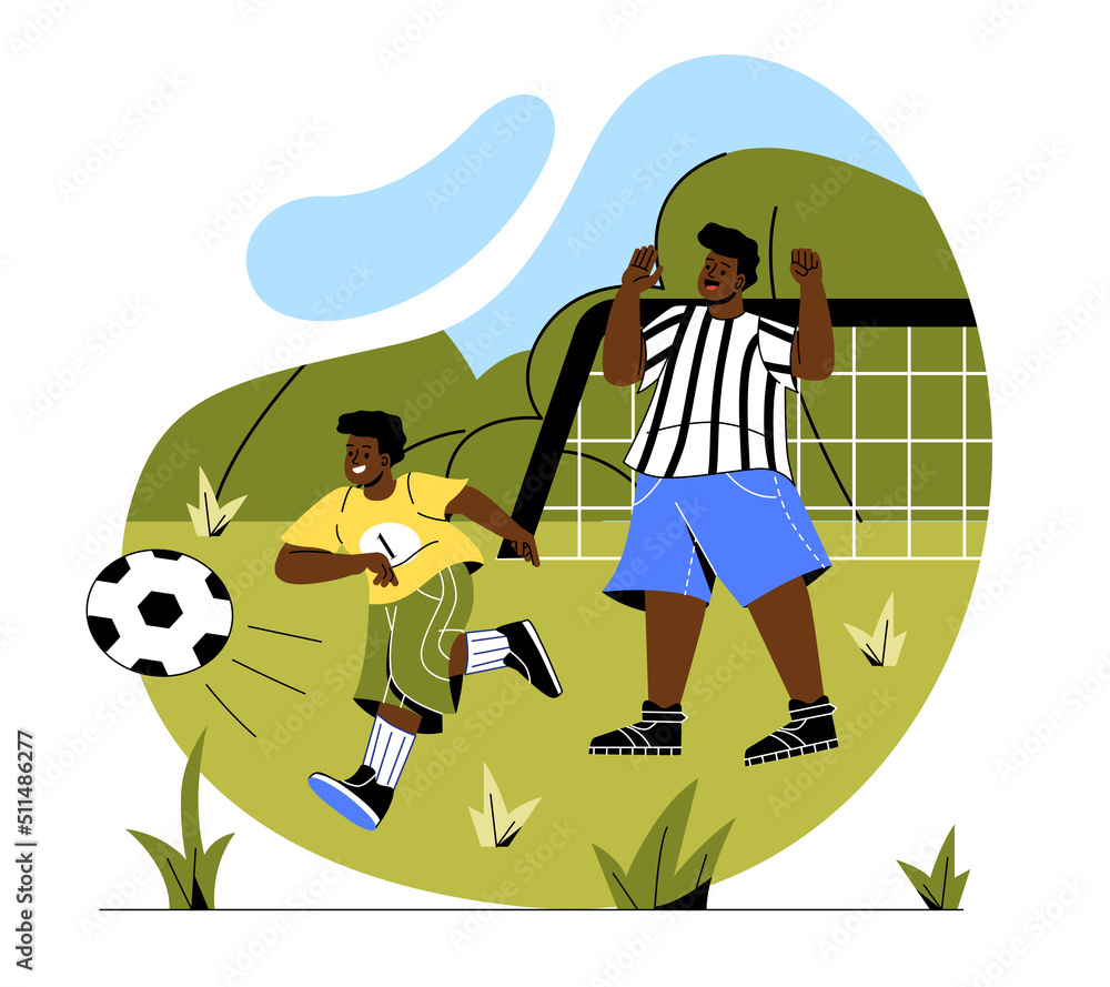 Family spending happy time. Father and his son play football outdoors, active lifestyle and weekend vacation concept. Man and boy in city park on field, sports. Cartoon flat vector illustration