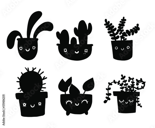 Beautiful funny cartoon succulent cacti black silhouette anthropomorphic character plant. cute scribble happy smiling flowerpots hand drawn in vector.