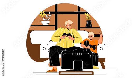 Family spending happy time. Father and son play video games. Modern entertainment, gadgets and devices. Man and boy on bed with joysticks, weekend rest and relax. Cartoon flat vector illustration