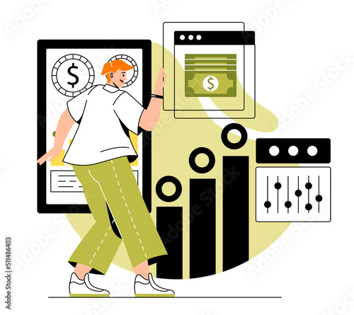 Finance and economics. Man looks at charts, marketing research. Successful businessman or investor calculates profit, financial literacy and work with statistics. Cartoon flat vector illustration