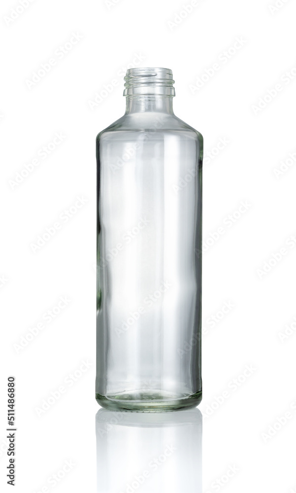 Empty Clear Glass Bottle and reflection isolated on white background, Suitable for Mock up creative graphic design, clipping path. Empty Clear Glass Bottle and reflection isolated on white background, Suitable for Mock up creative graphic design, clipping path.