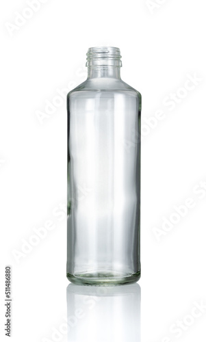 Empty Clear Glass Bottle and reflection isolated on white background, Suitable for Mock up creative graphic design, clipping path.