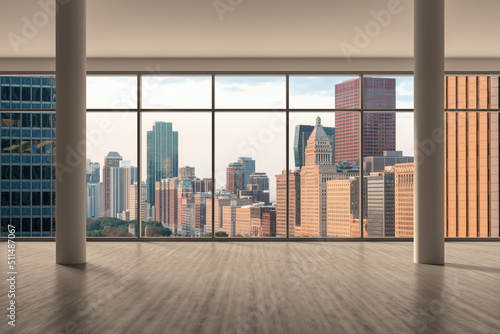 Downtown Chicago City Skyline Buildings from High Rise Window. Beautiful Expensive Real Estate overlooking. Epmty room Interior Skyscrapers View in Penthouse Cityscape. Sunrise. 3d rendering.