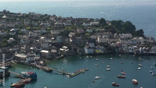 Aerial view of the town of Polruan, and Polruan castle on the Cornish coast, UK. photo