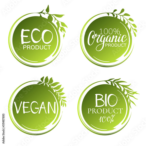 Eco product, organic, bio, vegan food labels for food market, organic productions promotion. Green eco icons.