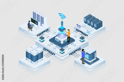 Data center or server room processing data operation with security protection and maintenance with isometric design style - vector