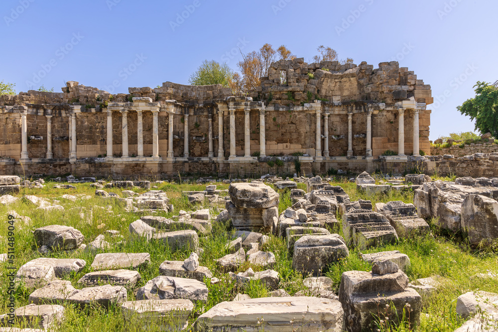 Ruins of the Monumental Fountain, Nymphaeum, in the ancient city of Side, Turkey.