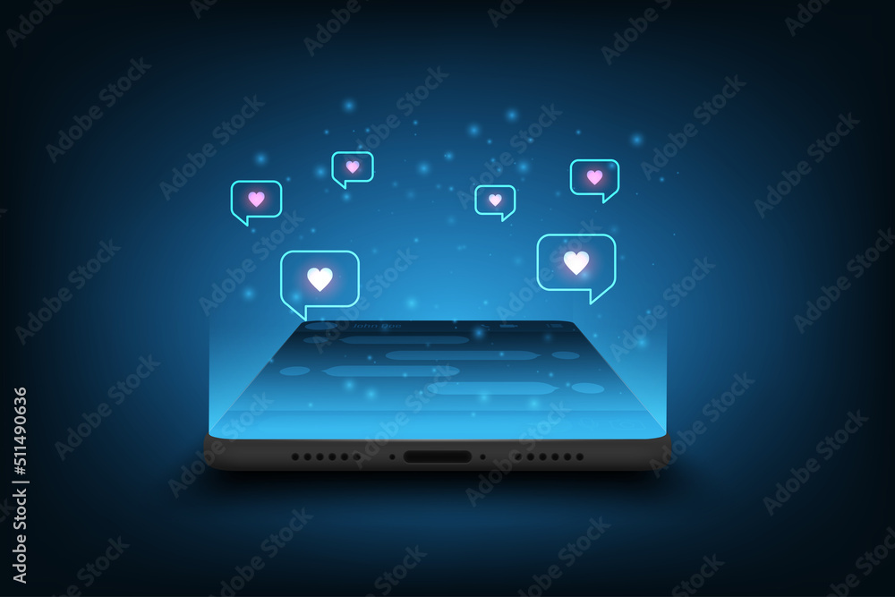 Vector social media communication and chatting on mobile app. Smartphone mockup blue web banner.