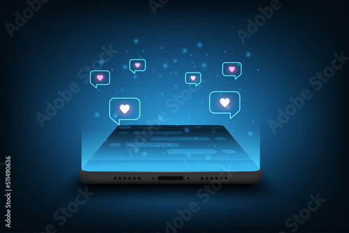 Vector social media communication and chatting on mobile app. Smartphone mockup blue web banner.