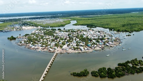 Amazing views from air shot by drone Pallam Island with perfect nature and buildings of village water green trees boats travel pictures best views houses streets roads river environment background 