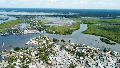 Amazing views from air shot by drone Pallam Island with perfect nature and buildings of village water green trees boats travel pictures best views houses streets roads river environment background 