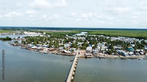 Amazing views from air shot by drone Pallam Island with perfect nature and buildings of village water green trees boats travel pictures best views houses streets roads river environment background 