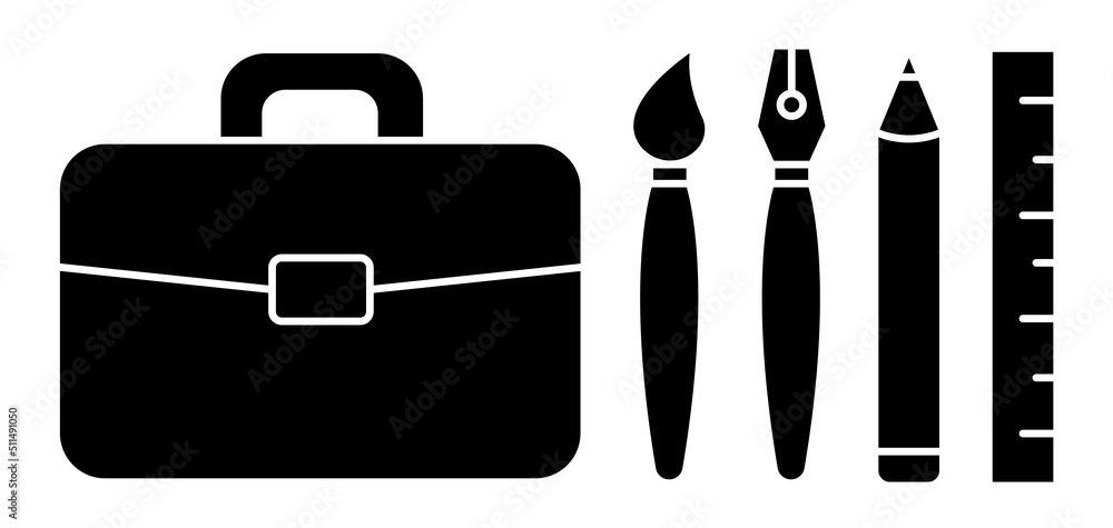 Fototapeta premium Briefcase and Art Tools Flat Icons. Stock Vector