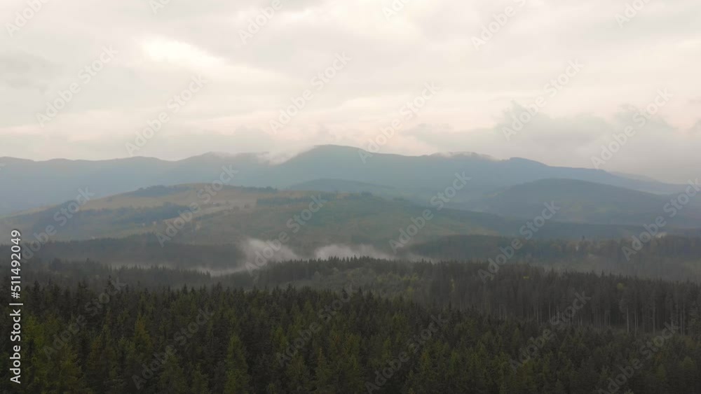 Clouds roll over woods. Inspirational wanderlust destination concept. Epic footage of fog, deep and wild green pine forest high in mountains Carpathians, summer or autumn national park, reserve Clouds roll over woods. Inspirational wanderlust destination concept. Epic footage of fog, deep and wild green pine forest high in mountains Carpathians, summer or autumn national park, reserve