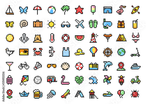 Summer vacation icons set in pixel art design isolated on white background, minimal simple vector symbols