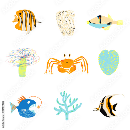 Summer set with underwater life illustrations