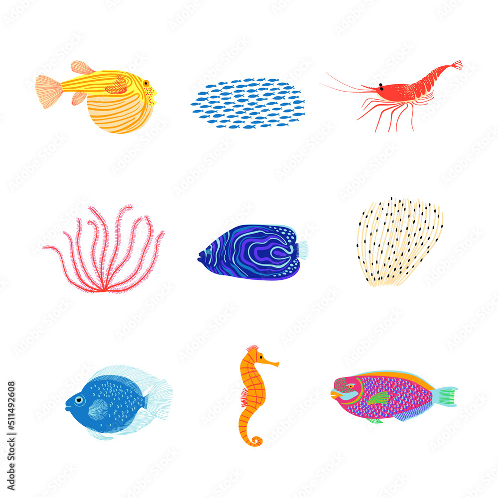 Summer set with underwater life illustrations