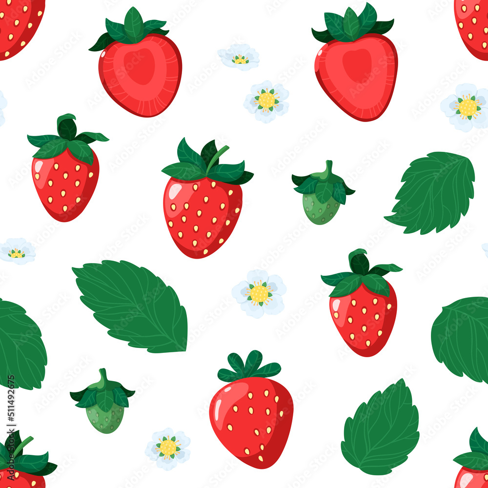 Vector seamless pattern. Ripe and unripe strawberries, flowers and leaves on a white background. Vector seamless pattern. Ripe and unripe strawberries, flowers and leaves on a white background.