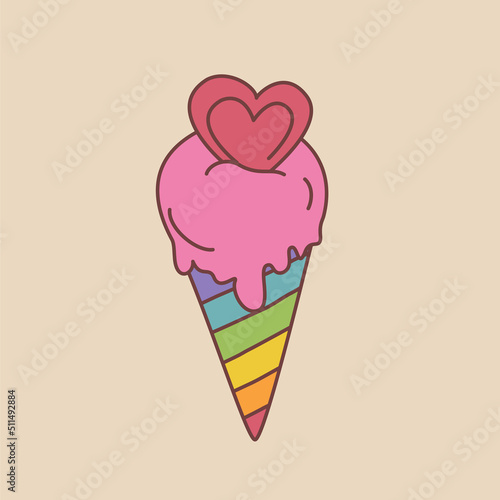 LGBT Rainbow ice cream icon with heart in doodle style. Isolated vector illustration pride month Rainbow ice cream for design poster, postcard, banner and background.
