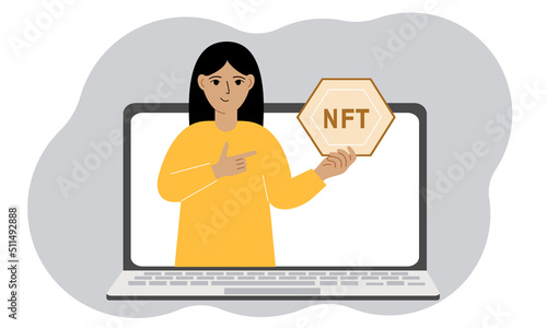 NFT concept. A laptop in which a woman with the image of NFT in the palm of his hand. Auction of non-fungible tokens, markets, online education.