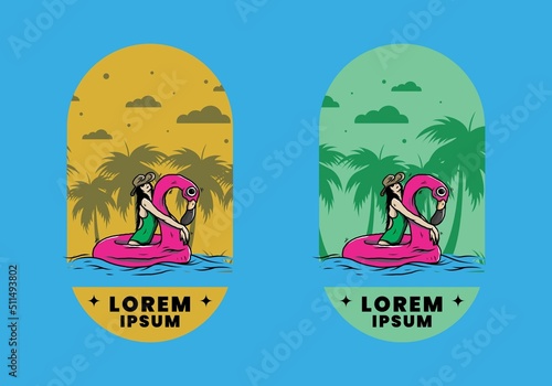 Girl wearing beach hat in an inflatable lifebuoy Flamingo illustration