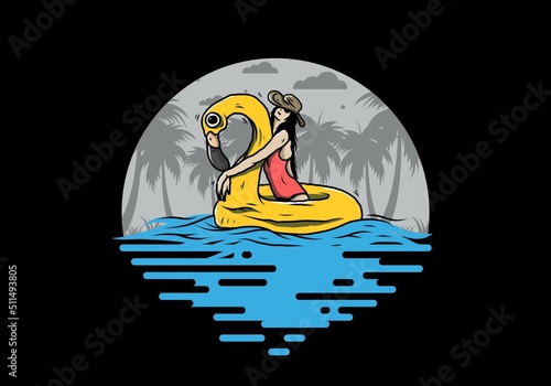 Girl wearing beach hat in an inflatable lifebuoy Flamingo illustration
