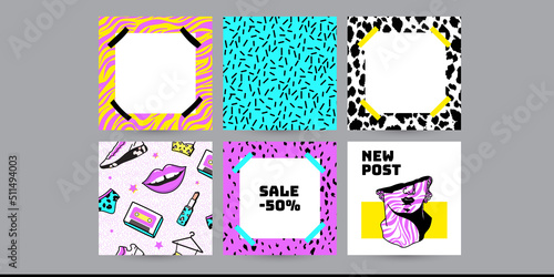 colorful Instagram social media backgrounds with acid ancient sculpture in 90s 1980s style. neon retro trendy vector textures for fashion content