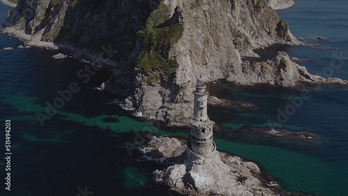 Lone lighthouse located near to ocean coast with rocks water shot by drone aerial view background theme above ground amazing picture masterpiece nature building architecture perfect 