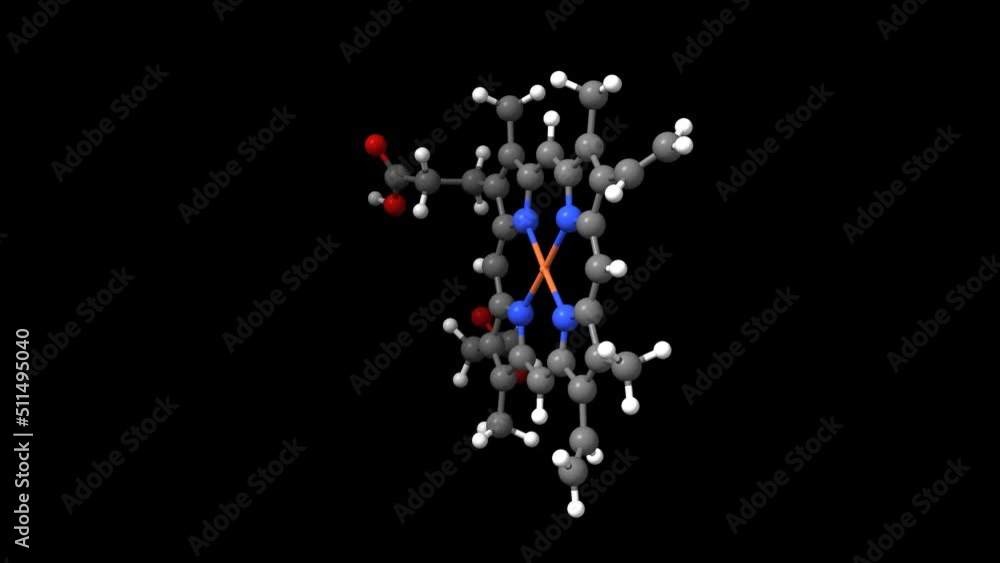 Animated 3D ball-and-stick and spacefill models of protoporphyrin IX with Fe, black background Animated 3D ball-and-stick and spacefill models of protoporphyrin IX with Fe, black background