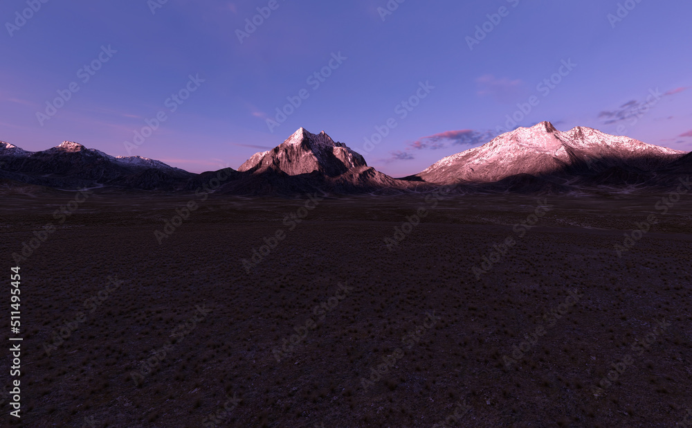 Prairie with vast grass plain and mountains on the horizon at sunset. 3D render.