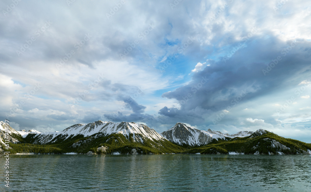 Lake with snowy mountains and fir trees under a cloudy sky. 3D render.