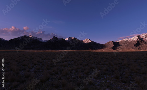 Prairie with vast grass plain and mountains on the horizon at sunset. 3D render.