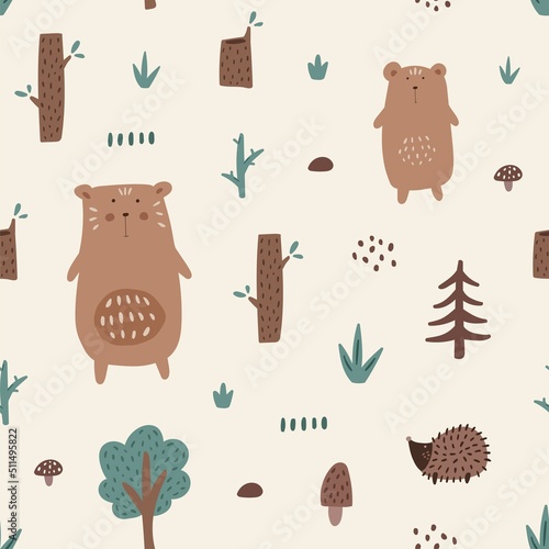 Seamless pattern with bear cubs, hedgehog, mushrooms, trees. Hand drawn vector illustration in scandinavian style. Creative forest texture for fabric, wrapping, textile, wallpaper, clothes.