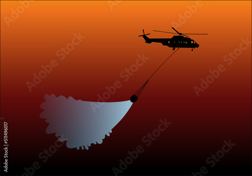 Helicóptero contra incendios rociando cesta de agua sobre un incendio