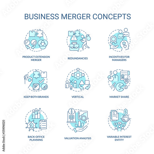 Business merger and consolidation turquoise concept icons set. Companies integration idea thin line color illustrations. Isolated symbols. Editable stroke. Roboto-Medium, Myriad Pro-Bold fonts used photo