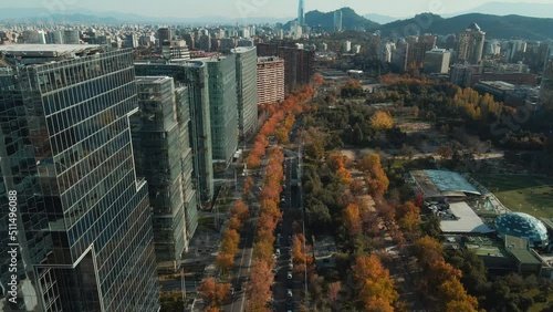 Aerial View Of Araucano Park In Autumn Colors With Skyline Of Santiago, Chile. photo