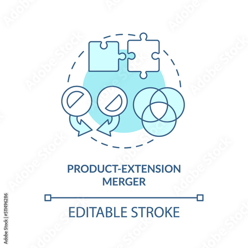 Product extension business merger turquoise concept icon. Complementary products. Abstract idea thin line illustration. Isolated outline drawing. Editable stroke. Arial, Myriad Pro-Bold fonts used