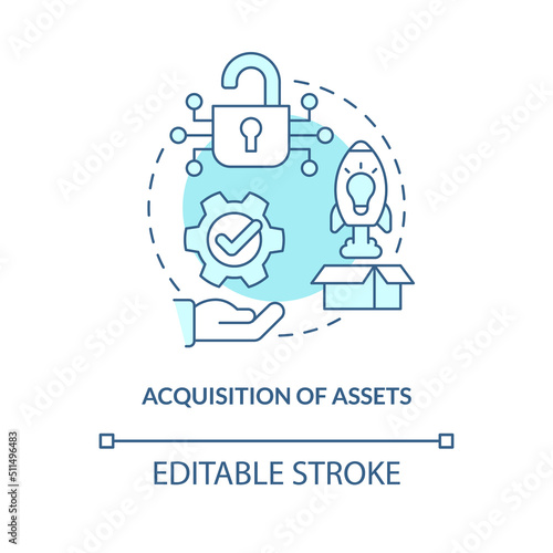 Acquisition of assets turquoise concept icon. Access to new technologies abstract idea thin line illustration. Isolated outline drawing. Editable stroke. Arial, Myriad Pro-Bold fonts used