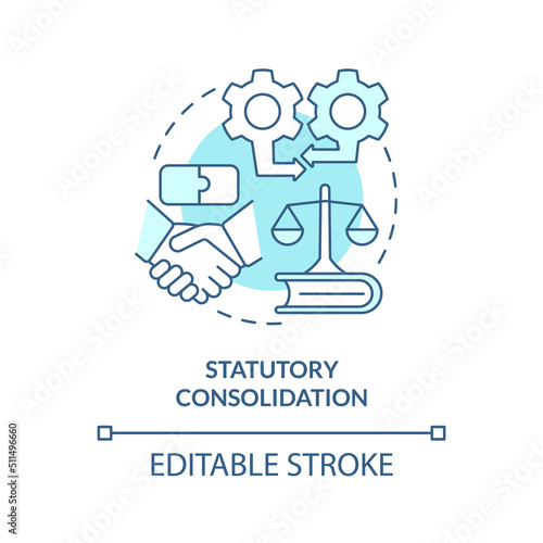 Statutory consolidation turquoise concept icon. Business consolidation strategy abstract idea thin line illustration. Isolated outline drawing. Editable stroke. Arial, Myriad Pro-Bold fonts used