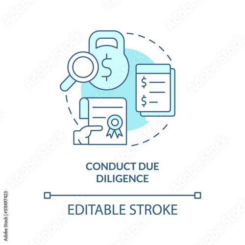 Conduct due diligence turquoise concept icon. Documents research. Stage of merger abstract idea thin line illustration. Isolated outline drawing. Editable stroke. Arial, Myriad Pro-Bold fonts used