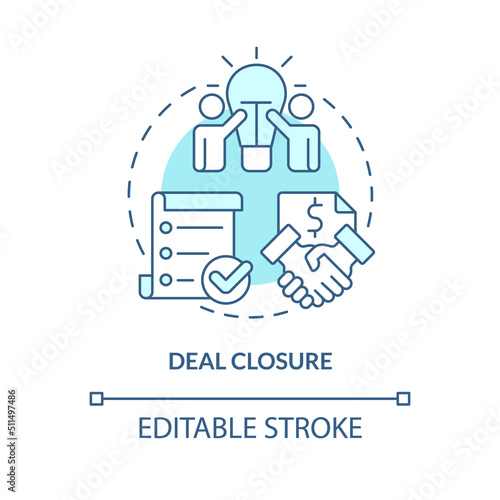Deal closure turquoise concept icon. Complete transaction. Stage of merger abstract idea thin line illustration. Isolated outline drawing. Editable stroke. Arial, Myriad Pro-Bold fonts used